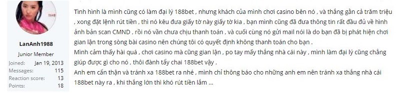 Bóc phốt 188Bet lừa đảo người chơi